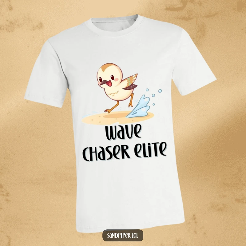 Funny Sandpiper T-Shirt featuring an excited sandpiper character chasing a small wave, perfect for beach activities.