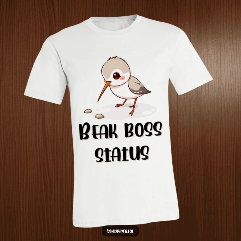 Funny Sandpiper T-Shirt showing a playful sandpiper character digging its thin beak, perfect for casual wear.