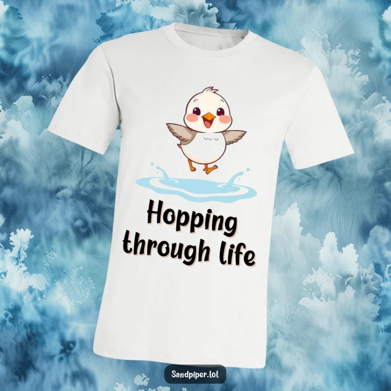 Funny Sandpiper T-Shirt: Adorable sandpiper joyfully leaping over small waves, radiating happiness and beach fun.