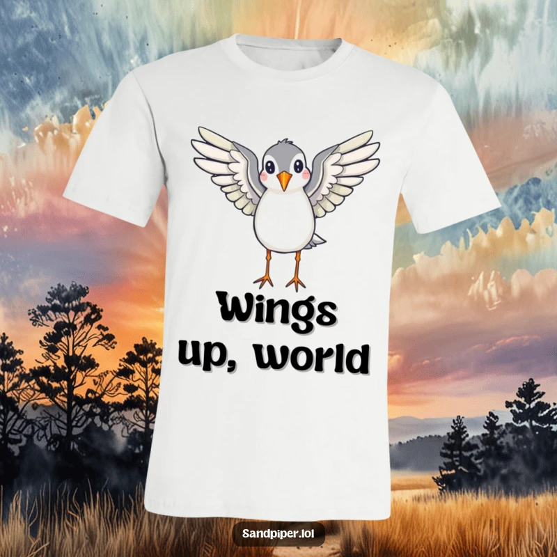 Funny t-shirt featuring a sandpiper with wings spread, appearing ready to fly, perfect for those who love birds and adventure.