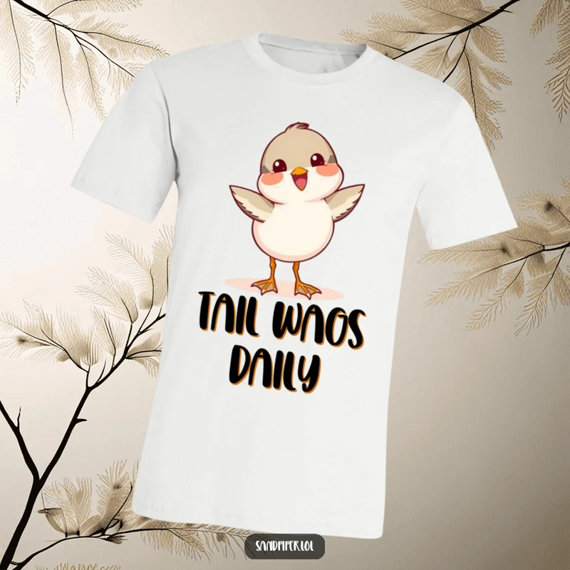 Funny Sandpiper T-Shirt showcasing a happy bird wagging its tail with enthusiastic joy.