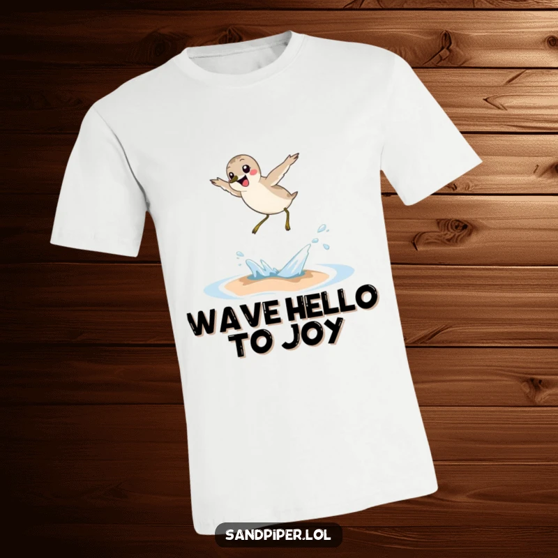 Funny sandpiper t-shirt, joyful bird leaping over small wave, beach action, humorous apparel, ideal gift.
