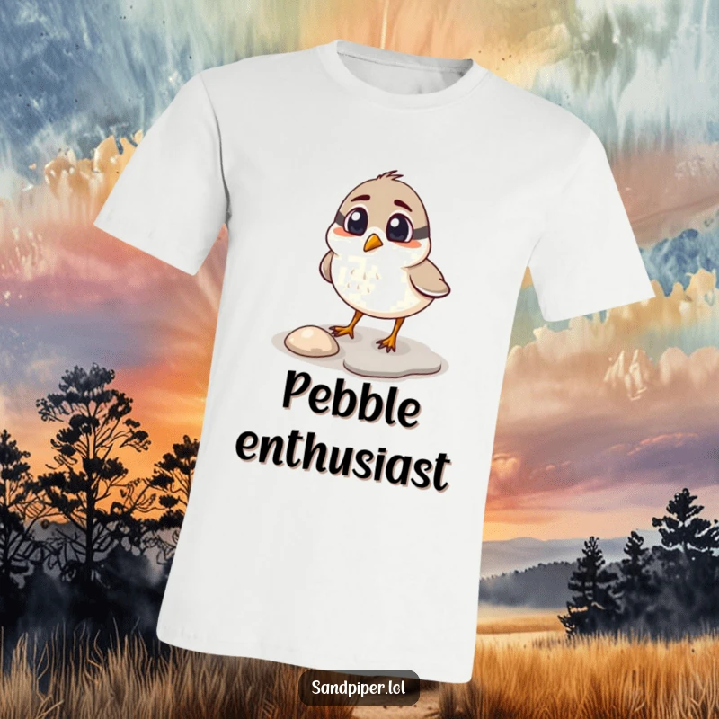 Funny sandpiper t-shirt, surprised bird with raised eyebrows pecking at a shiny pebble, unexpected discovery humor.