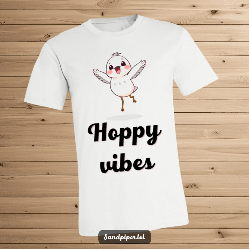 Funny T-Shirt: A sandpiper character performing a delightful, energetic hop in the air, showcasing joy and humorous spontaneity.