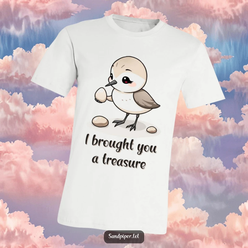 Funny Sandpiper Pebble T-Shirt: A sandpiper presenting a shiny pebble humorously, a perfect funny gift for nature lovers.
