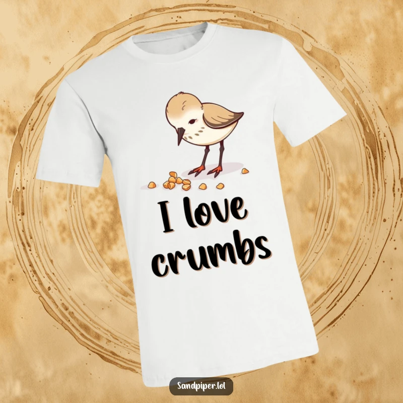 Funny t-shirt depicting a sandpiper intensely pecking at delicious scattered crumbs.