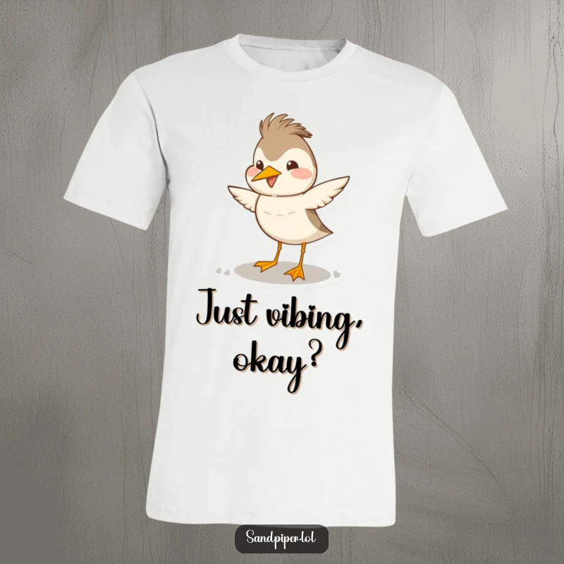 Funny sandpiper t-shirt featuring a bird in a joyful, exaggerated head bob dance, radiating happiness and fun.
