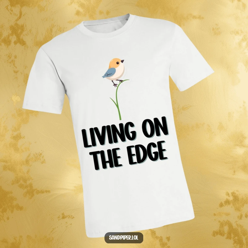Funny t-shirt displaying a bird shape attempting to balance on a very thin blade of grass, highlighting delicate situations.