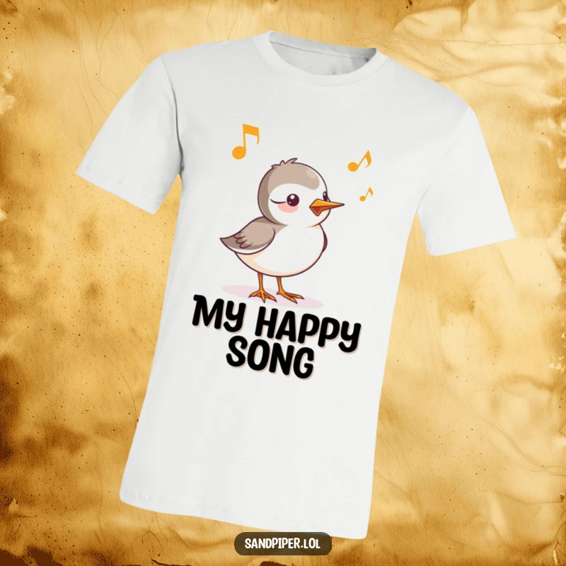 Funny t-shirt depicting a sandpiper character whose happy chirp is beautifully illustrated as musical notes, conveying joy.