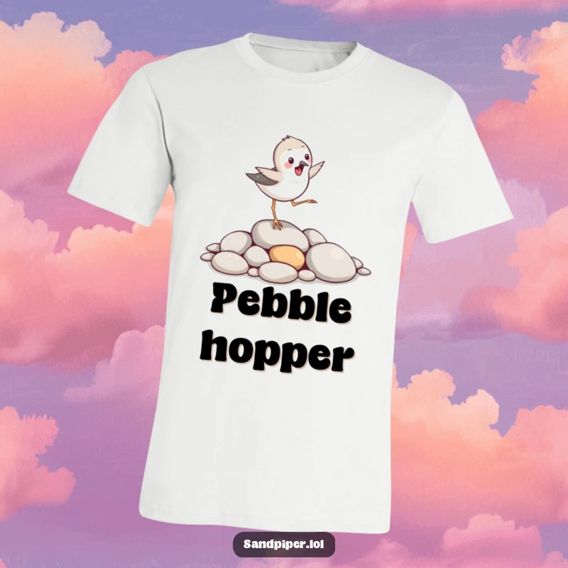 Funny sandpiper bird t-shirt, hopping excitedly over smooth pebbles, active lifestyle, great funny gift.