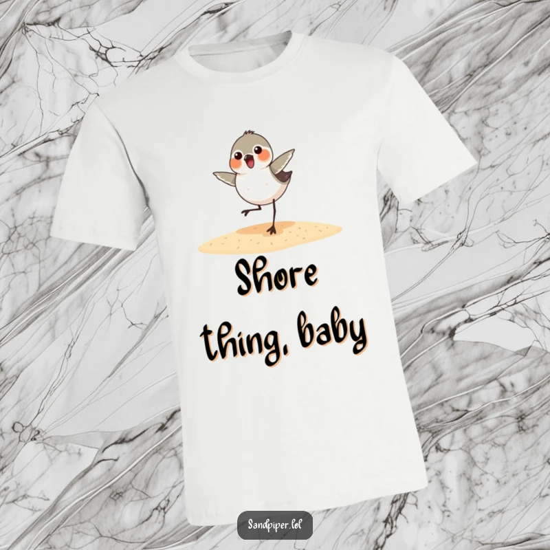 Funny sandpiper t-shirt showing a cheerful bird performing a lively dance on the sand, capturing a moment of pure bliss and humor