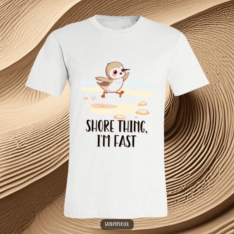 Funny Sandpiper T-Shirt: Adorable bird character in full stride, running energetically along a sandy shore, celebrating beach vibes.