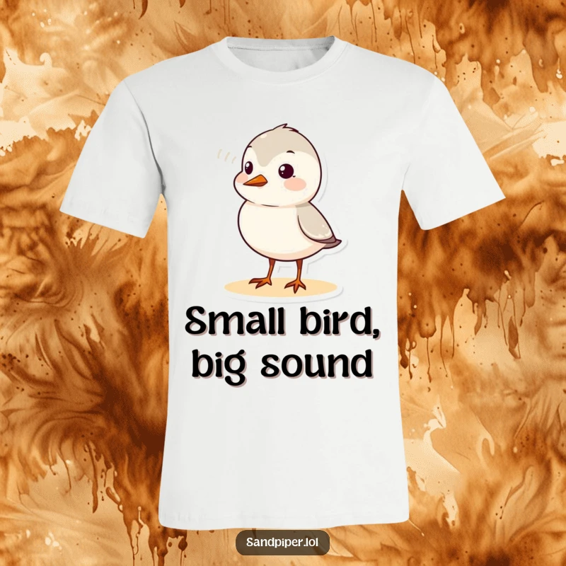 Funny sandpiper t-shirt featuring a cute bird character joyfully chirping, with a visible sound wave graphic conveying happiness.