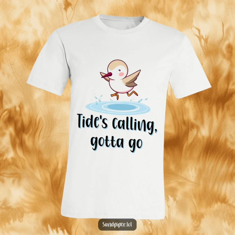Funny Sandpiper T-Shirt: A determined sandpiper character races with excitement towards the breaking ocean waves, a symbol of pure joy.