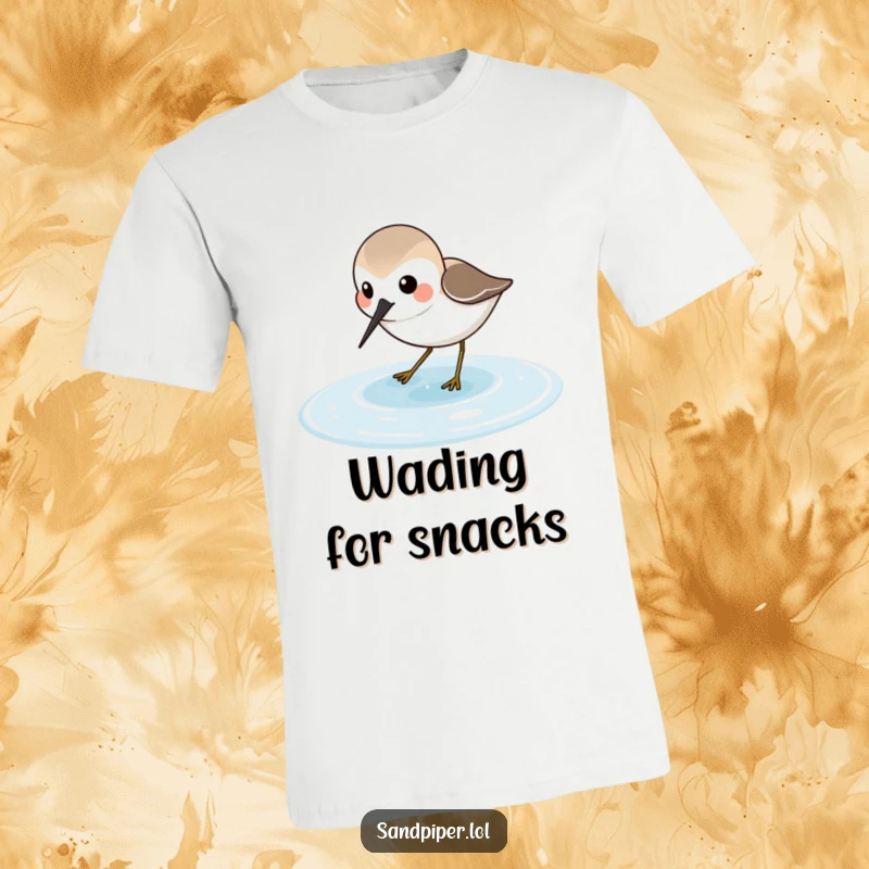 Funny Sandpiper T-Shirt showing a joyful sandpiper character joyfully probing in shallow water, perfect for beach outings.