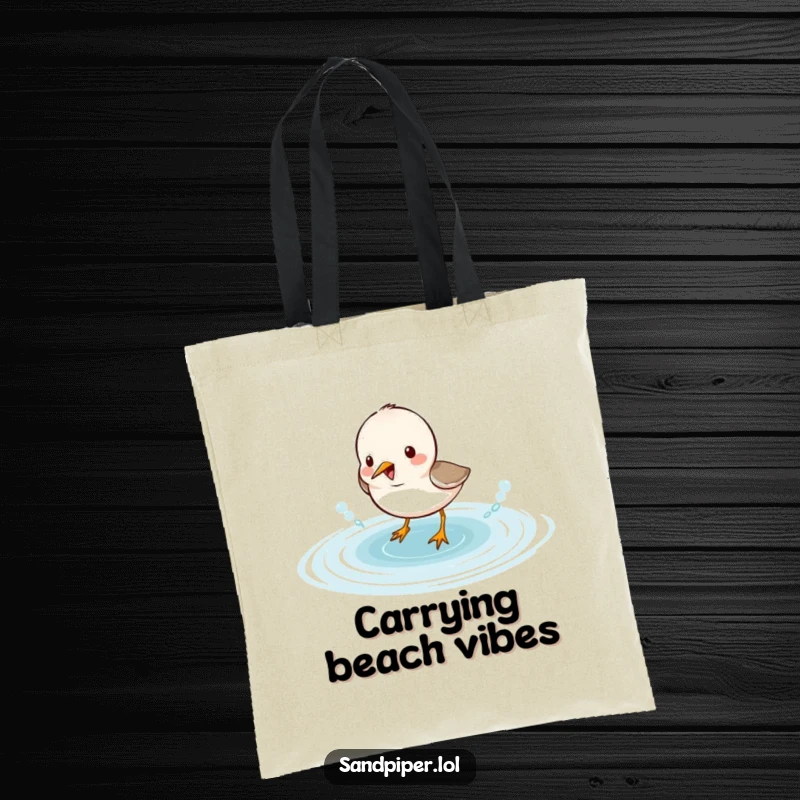 Funny sandpiper tote bag showcasing a cute sandpiper character joyfully splashing in water, a delightful accessory for any outing.