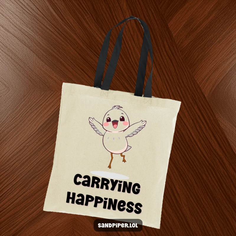 Funny Tote Bag: A sandpiper character doing a joyful hop in the air, perfect for carrying essentials with a splash of happiness.