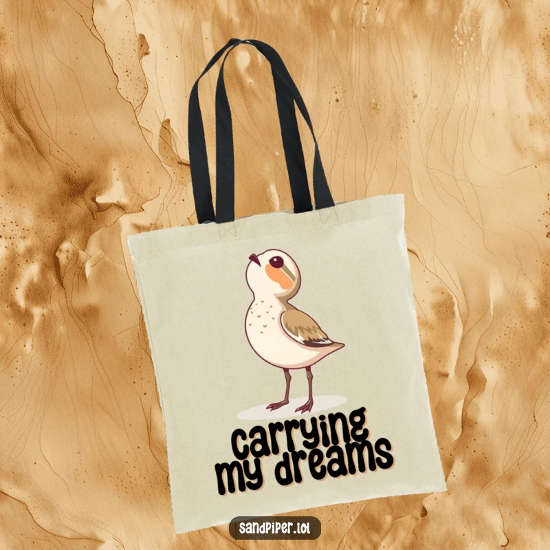 Funny tote bag showing a sandpiper looking up at the sky with wide-eyed wonder.