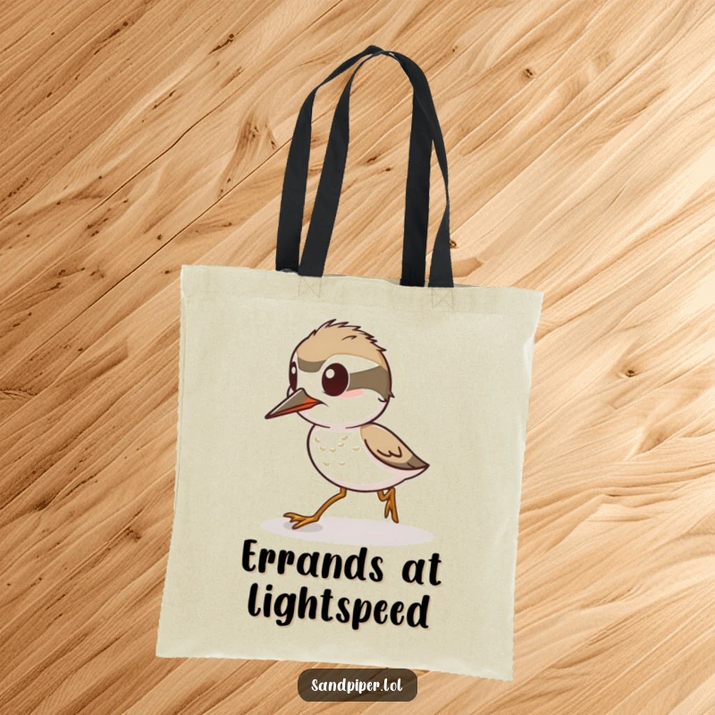 Funny Tote Bag: An alert sandpiper character ready to sprint, perfect for carrying essentials with a touch of humorous speed.