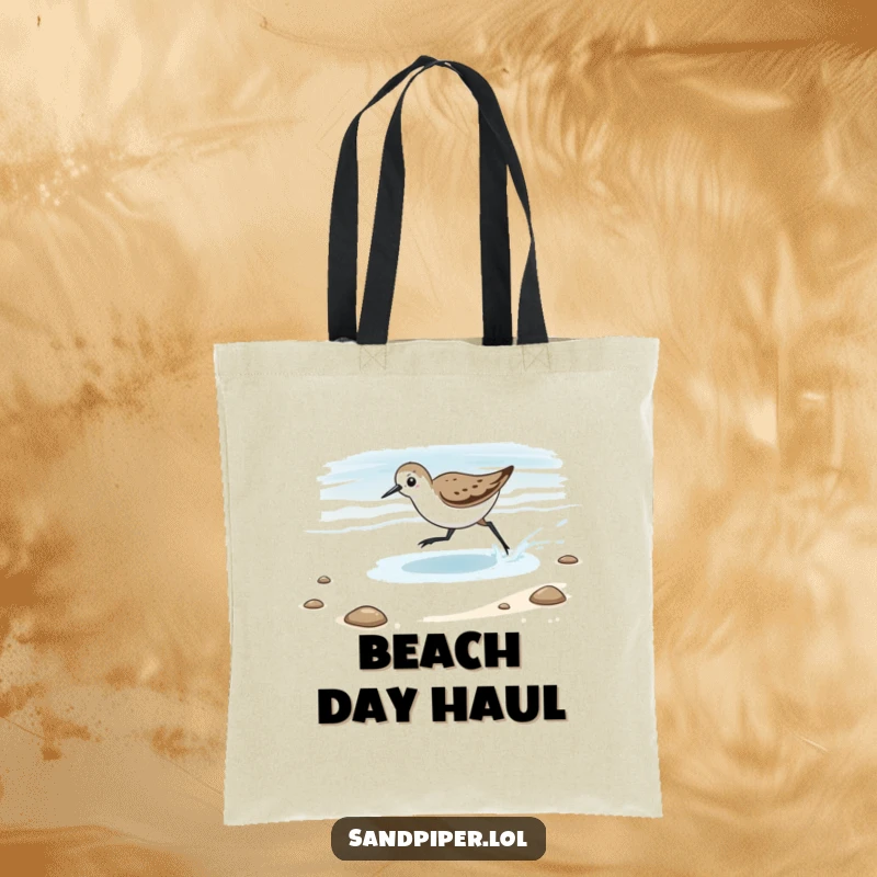 Funny Tote Bag showcasing a sandpiper playfully chasing the retreating tide, a stylish and humorous beach accessory.