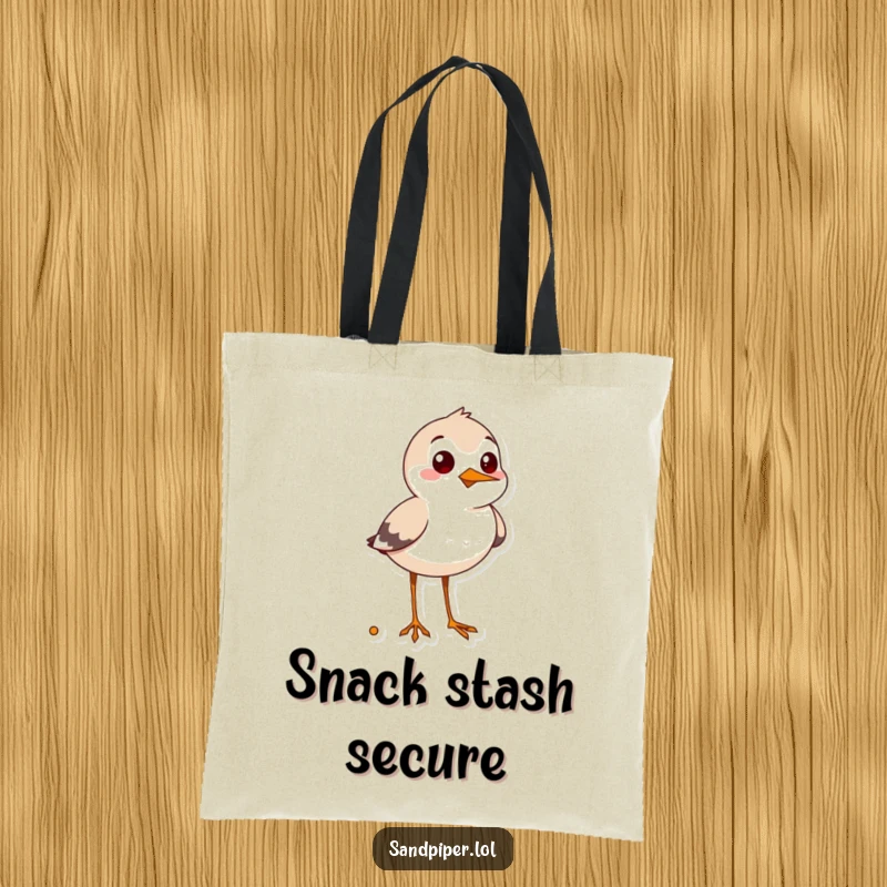 Funny sandpiper tote bag, cheerful bird looking for snacks, durable and humorous shopping accessory.