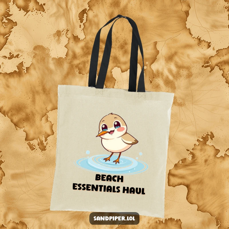 Funny sandpiper tote bag, joyful bird dipping beak into a wave, durable and humorous beach accessory.