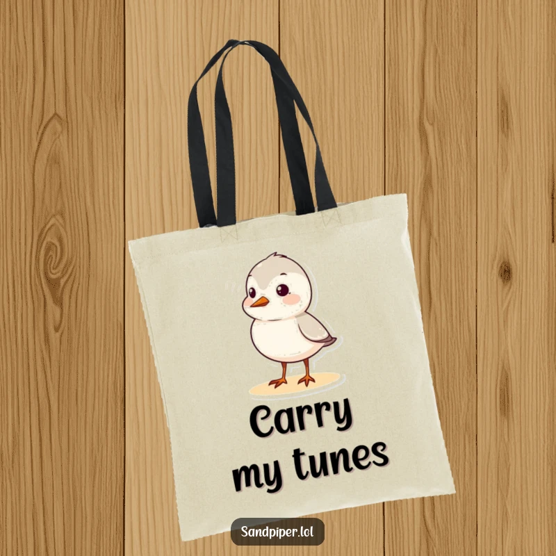 Funny sandpiper tote bag with a cute bird character chirping joyfully, complete with visible sound waves for a cheerful vibe.