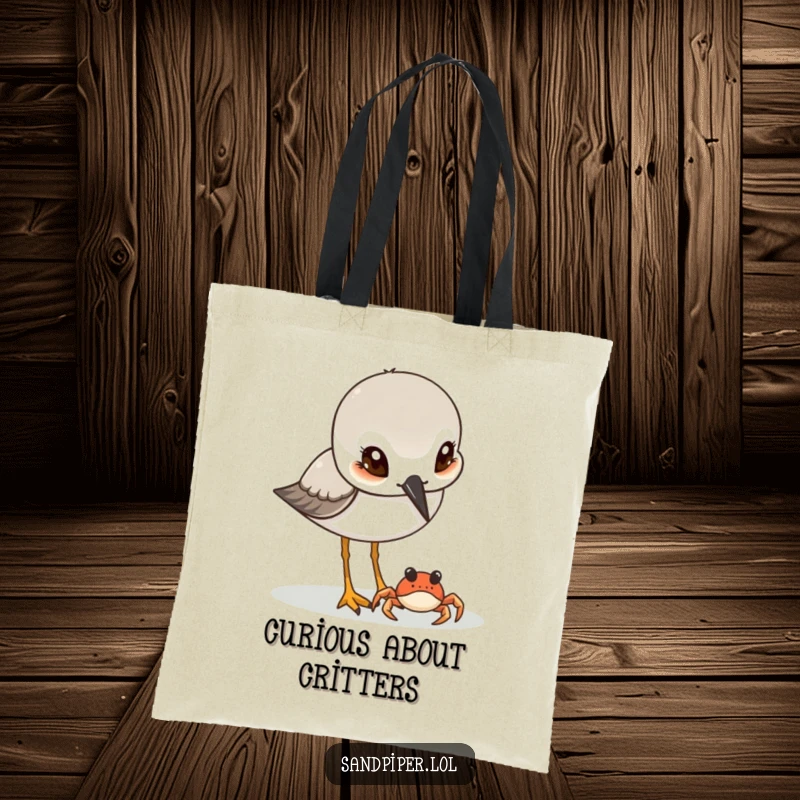 Funny Sandpiper & Crab Tote Bag: A curious sandpiper watches a tiny crab, perfect for carrying beach treasures with humor.