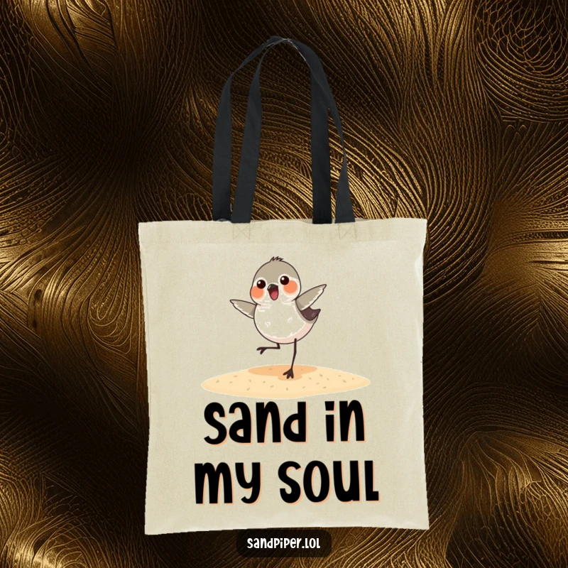 Funny sandpiper tote bag showcasing a delightful bird dancing joyfully on the sand, turning an ordinary bag into a humorous statement piece