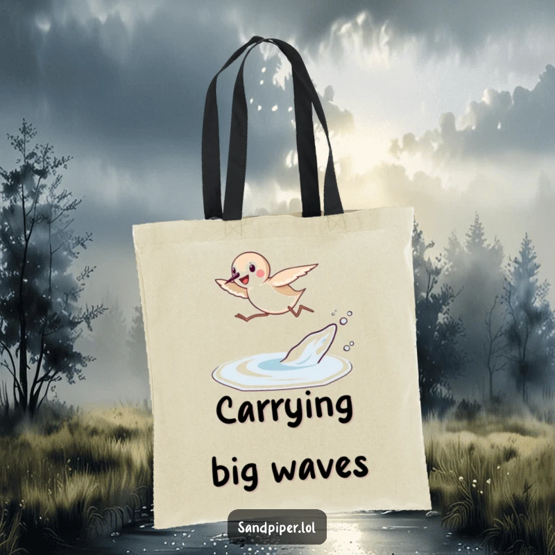Funny Sandpiper Leap Tote Bag: An energetic sandpiper joyfully leaps over a small wave, ready for beach errands.