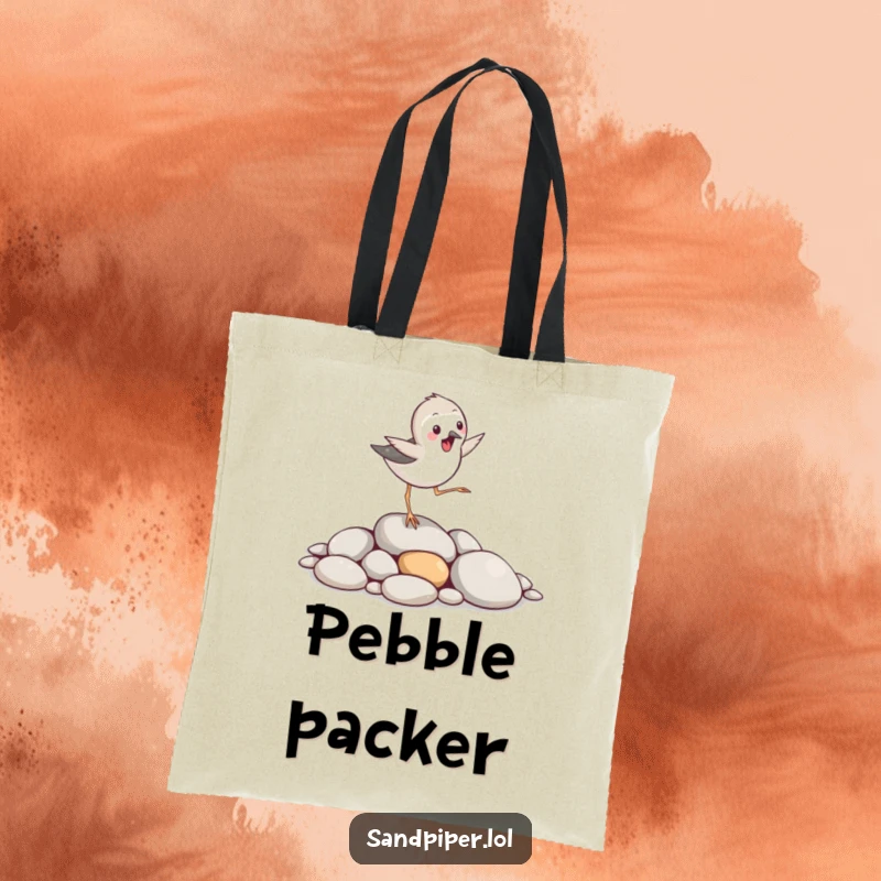 Funny sandpiper bird tote bag, hopping excitedly over smooth pebbles, beach accessory, unique funny gift.