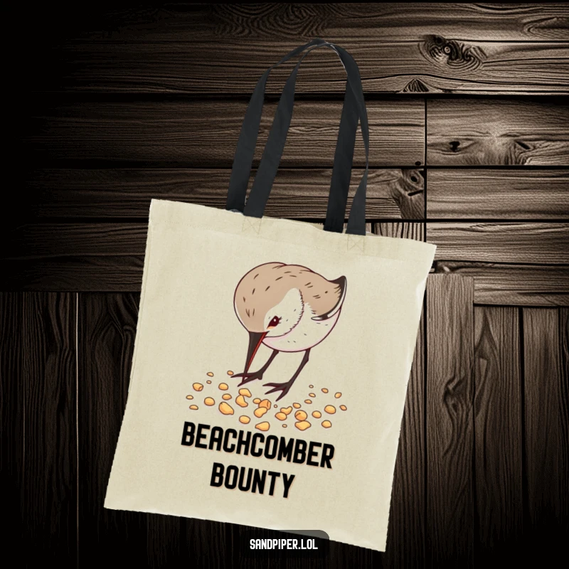 Funny Tote Bag showcasing a sandpiper diligently pecking crumbs, a stylish and humorous accessory for beach lovers.