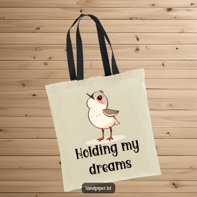 Funny tote bag featuring a sandpiper bird looking up at the sky with wonder, perfect for carrying essentials with a dreamy vibe.