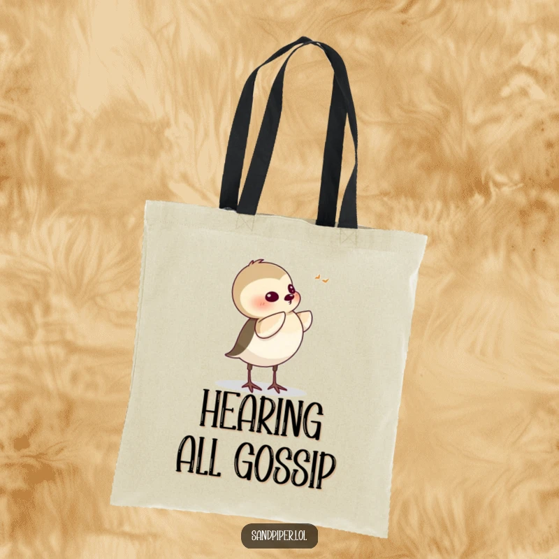Funny Sandpiper Tote Bag, featuring a cartoon bird tilting its head intently, symbolizing active listening and curiosity.