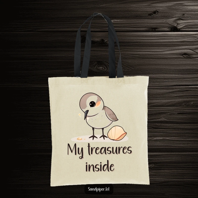 Funny Sandpiper Tote Bag: A curious sandpiper pecks at a shell, a humorous and practical bag for beachcombers and collectors.