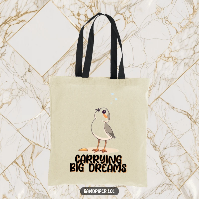 Funny Sandpiper Tote Bag: A cute bird on a sturdy tote, looking up with hilarious wonder, perfect for beach trips.