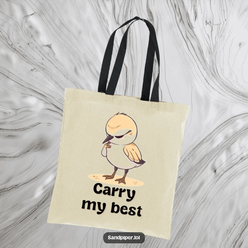 Funny Tote Bag: A cute sandpiper bird is shown in the act of preening its feathers with a look of pure contentment.