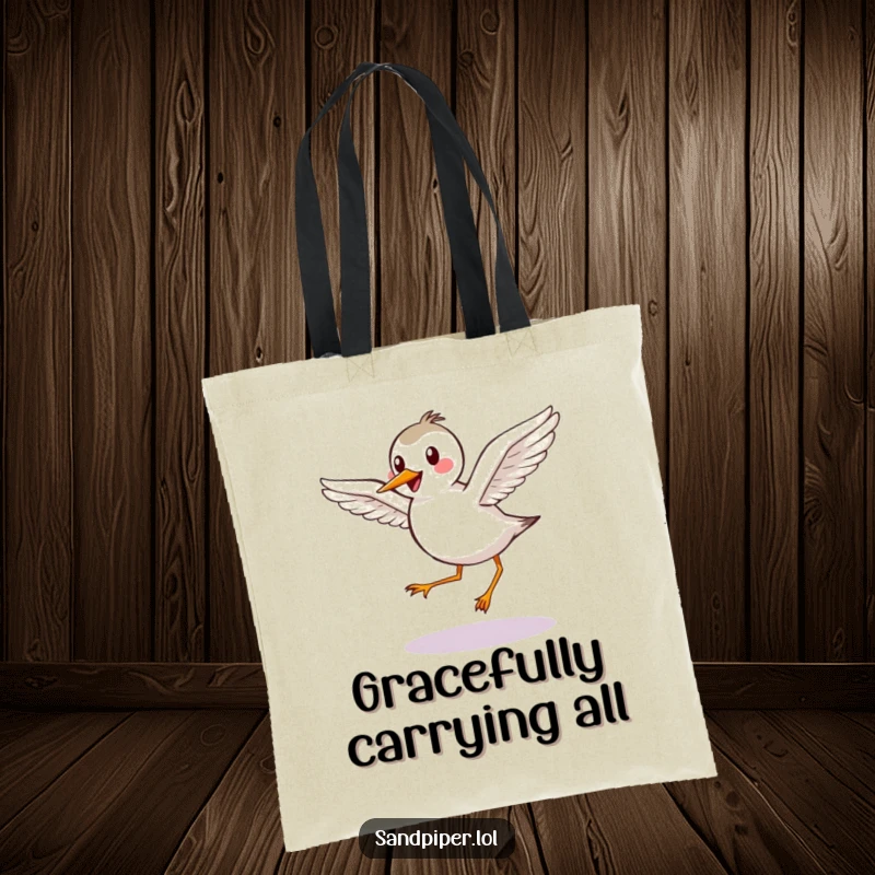 Funny Tote Bag: Happy sandpiper with outstretched wings takes a graceful hop, perfect for carrying essentials.