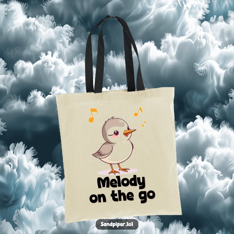 Funny tote bag with a sandpiper character whose cheerful chirp is visualized as musical notes, perfect for carrying daily items.