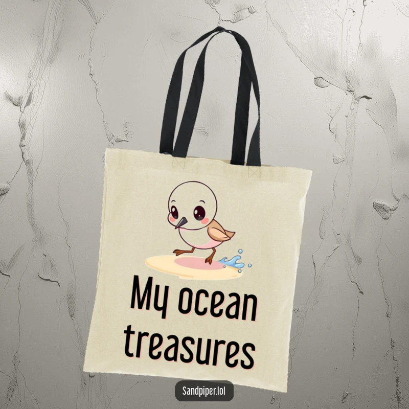 Funny tote bag featuring a determined sandpiper chasing a small wave, ideal for carrying items with a sense of purpose.