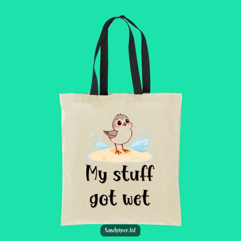 Funny Sandpiper Tote Bag - Surprised by Waves, Hilarious Beach Accessory