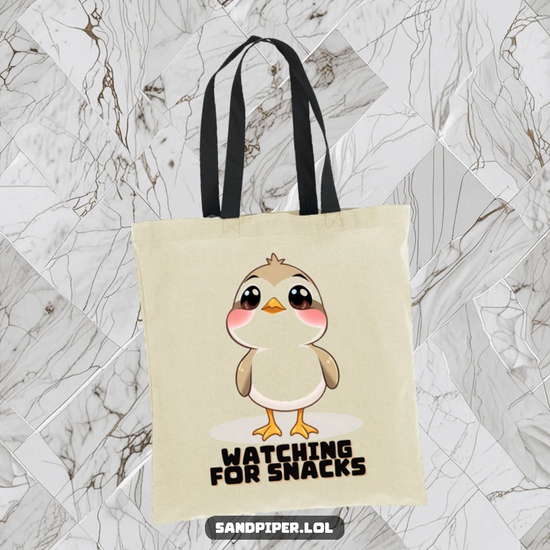 Funny Tote Bag: A sandpiper bird with wide, innocent eyes looks up, symbolizing curiosity and the beauty of nature.